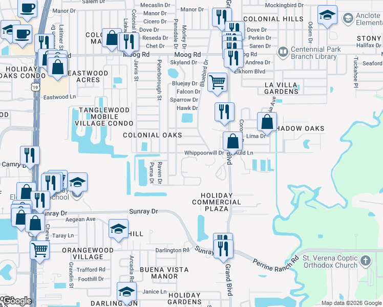 map of restaurants, bars, coffee shops, grocery stores, and more near 5310 Bob White Drive in Holiday
