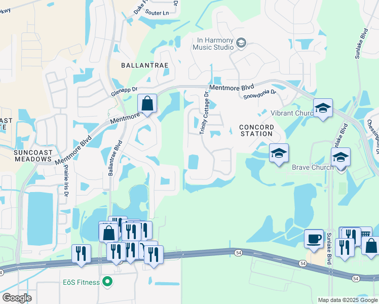 map of restaurants, bars, coffee shops, grocery stores, and more near 3101 Whitley Bay Court in Land O' Lakes