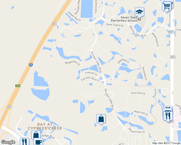 map of restaurants, bars, coffee shops, grocery stores, and more near 27110 Firebush Drive in Wesley Chapel
