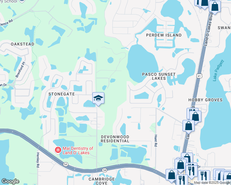 map of restaurants, bars, coffee shops, grocery stores, and more near 3224 Wilson Road in Land O' Lakes