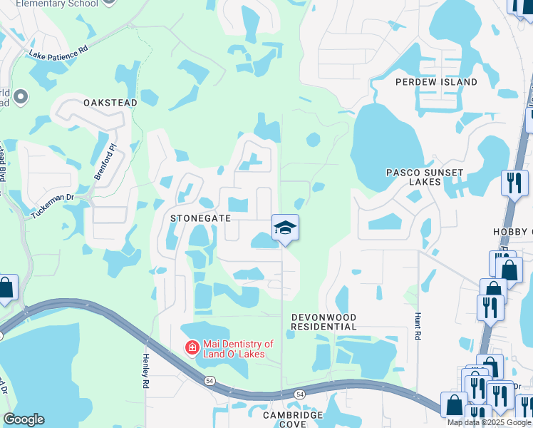 map of restaurants, bars, coffee shops, grocery stores, and more near 3334 Granite Ridge Loop in Pasco County