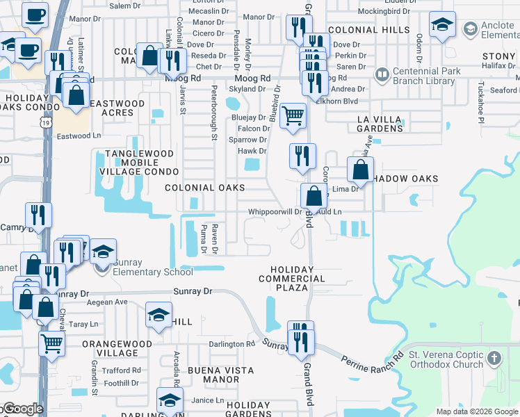 map of restaurants, bars, coffee shops, grocery stores, and more near 5310 Bob White Drive in Holiday