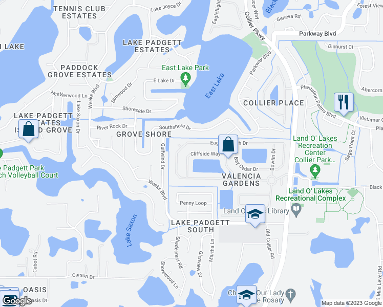 map of restaurants, bars, coffee shops, grocery stores, and more near 22610 Cliffside Way in Land O' Lakes