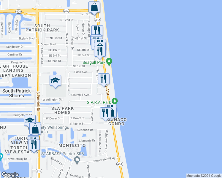 map of restaurants, bars, coffee shops, grocery stores, and more near 401 Florida A1A in Satellite Beach