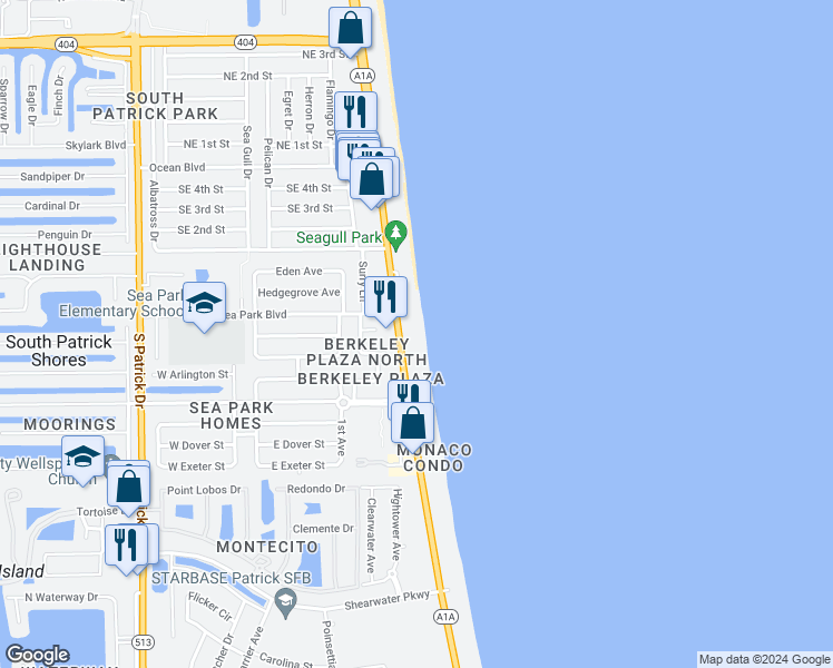 map of restaurants, bars, coffee shops, grocery stores, and more near 401 Florida A1A in Satellite Beach