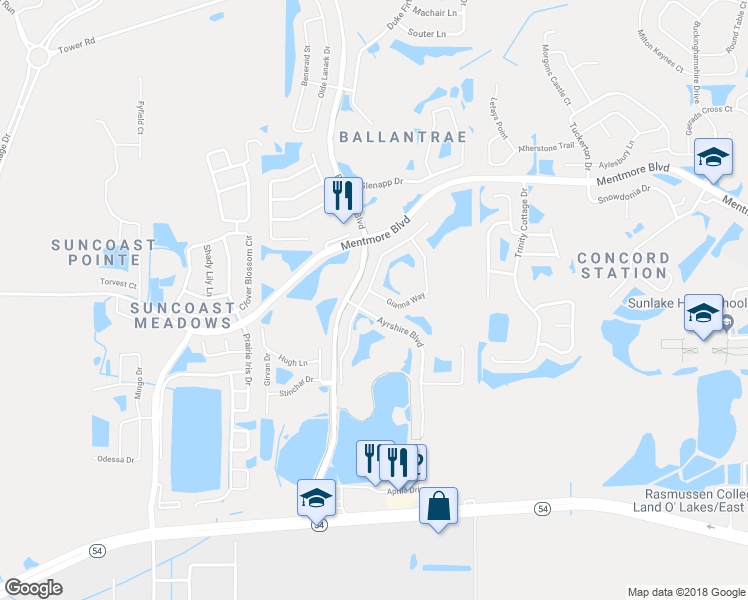 map of restaurants, bars, coffee shops, grocery stores, and more near 3008 Gianna Way in Land O' Lakes