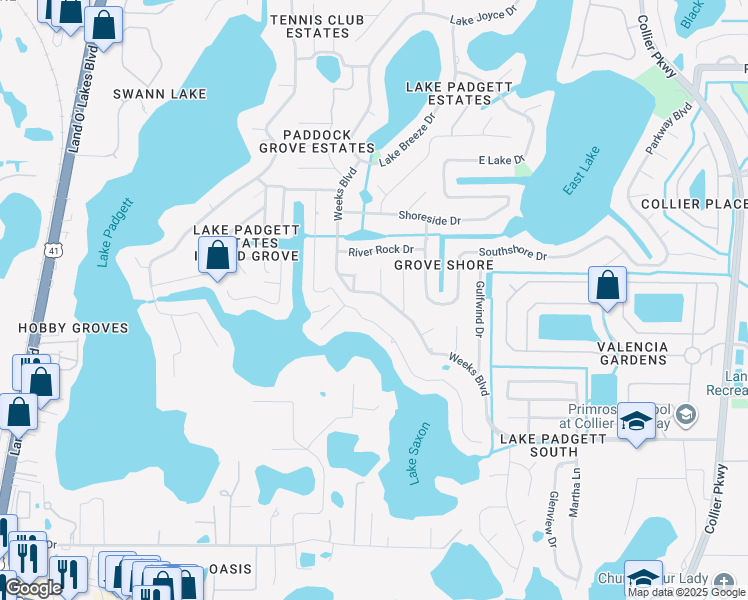 map of restaurants, bars, coffee shops, grocery stores, and more near 22208 Weeks Boulevard in Land O' Lakes