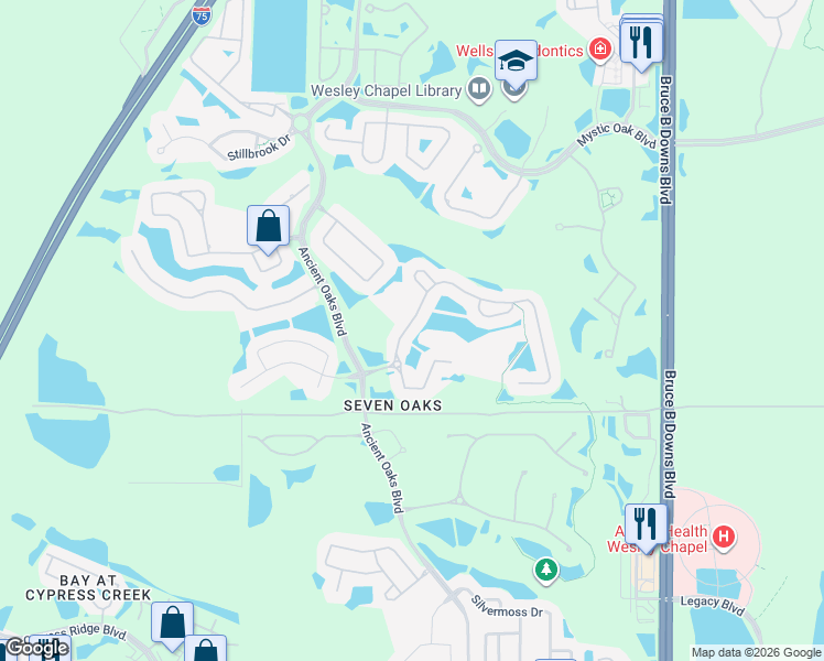 map of restaurants, bars, coffee shops, grocery stores, and more near 27312 Edenfield Drive in Wesley Chapel