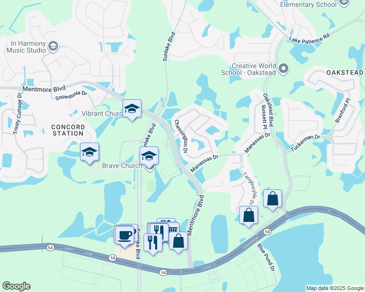 map of restaurants, bars, coffee shops, grocery stores, and more near 3139 Chessington Drive in Land O' Lakes