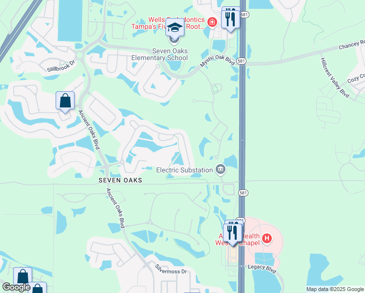map of restaurants, bars, coffee shops, grocery stores, and more near 3153 Sunwatch Drive in Wesley Chapel