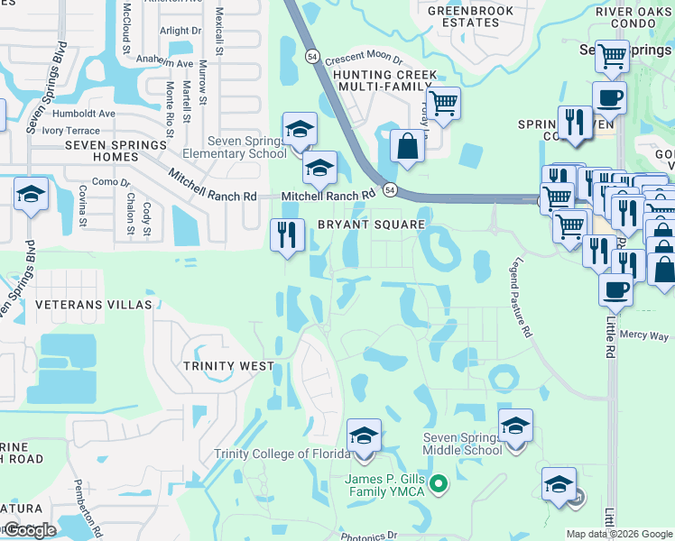 map of restaurants, bars, coffee shops, grocery stores, and more near 8220 Mitchell Ranch Road in New Port Richey