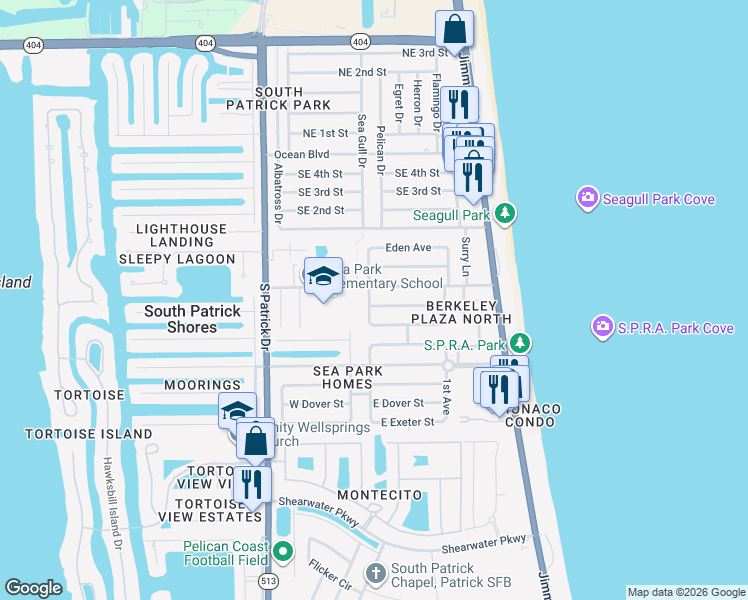 map of restaurants, bars, coffee shops, grocery stores, and more near 187 Clairbourne Avenue in Satellite Beach