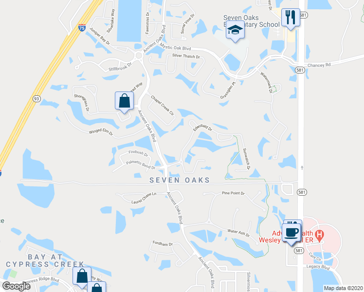 map of restaurants, bars, coffee shops, grocery stores, and more near 27309 Edenfield Drive in Wesley Chapel