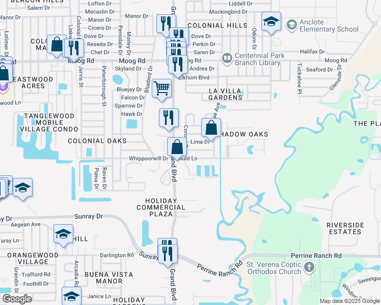 map of restaurants, bars, coffee shops, grocery stores, and more near 5548 Mirada Drive in Holiday