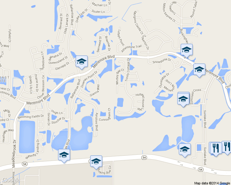 map of restaurants, bars, coffee shops, grocery stores, and more near 3117 Whitley Bay Court in Land O' Lakes