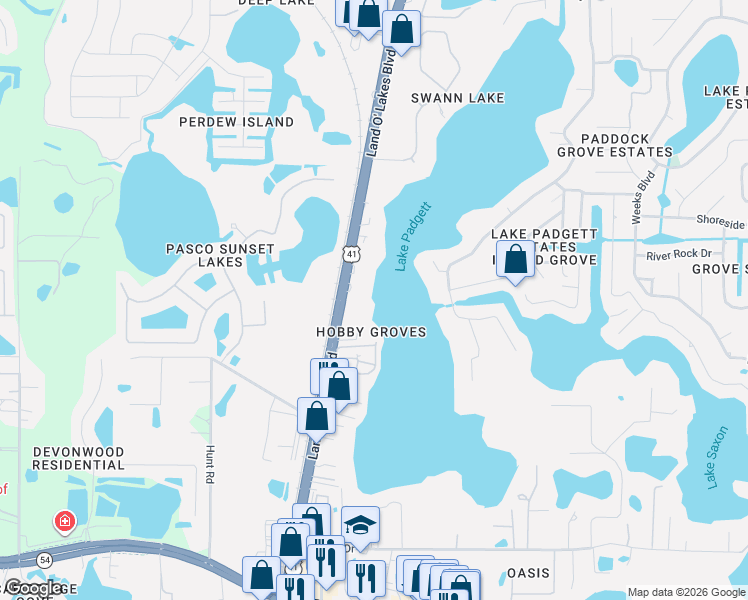 map of restaurants, bars, coffee shops, grocery stores, and more near 3124 Land O' Lakes Boulevard in Land O' Lakes