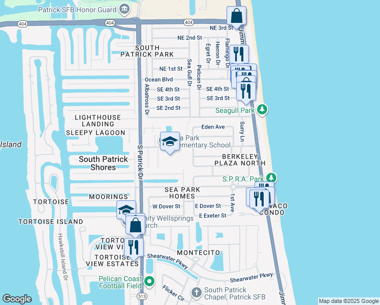 map of restaurants, bars, coffee shops, grocery stores, and more near 60 Brixton Lane in Satellite Beach