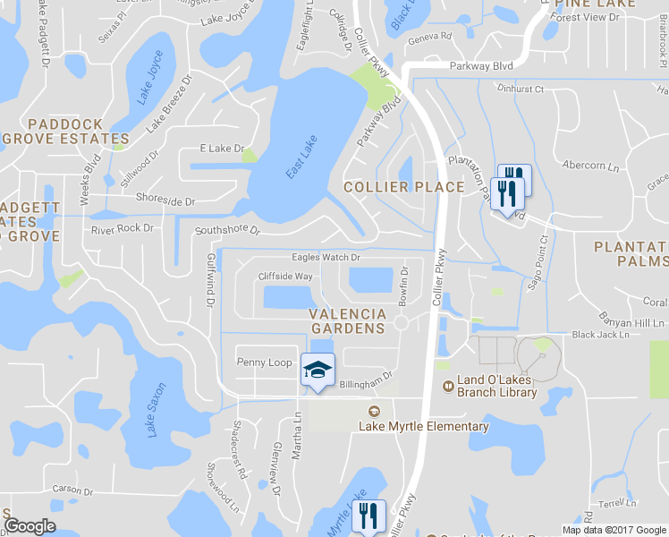 map of restaurants, bars, coffee shops, grocery stores, and more near 22750 Bay Cedar Drive in Land O' Lakes