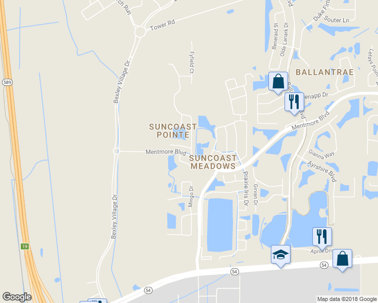 map of restaurants, bars, coffee shops, grocery stores, and more near 17056 Torvest Court in Land O' Lakes