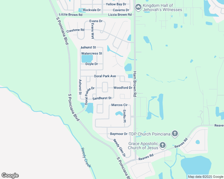 map of restaurants, bars, coffee shops, grocery stores, and more near 4601 Sandhurst Street in Kissimmee