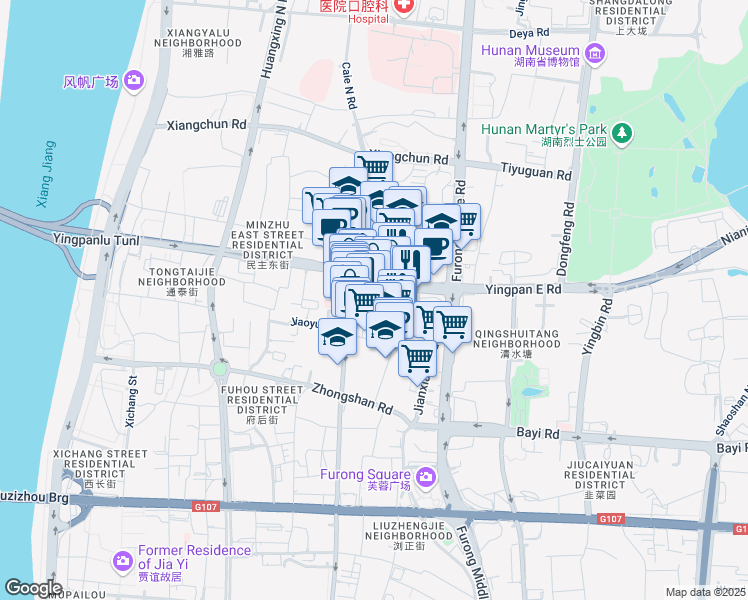 map of restaurants, bars, coffee shops, grocery stores, and more near Wu Yi Da Dao in Chang Sha Shi