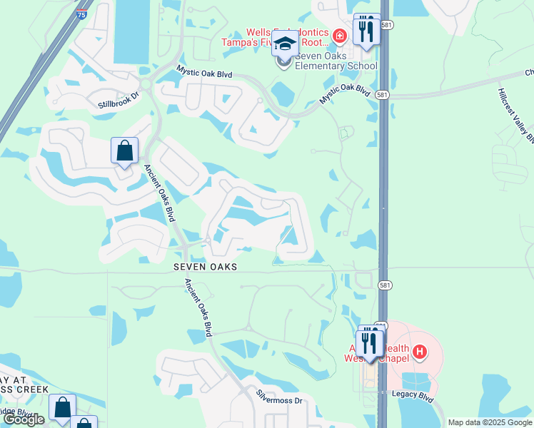 map of restaurants, bars, coffee shops, grocery stores, and more near 27544 Wekiva Lane in Wesley Chapel