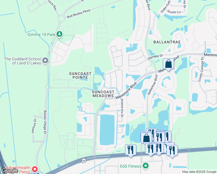 map of restaurants, bars, coffee shops, grocery stores, and more near 17243 Poppy Fields Lane in Land O' Lakes