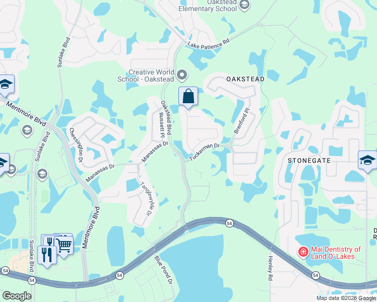 map of restaurants, bars, coffee shops, grocery stores, and more near 3133 Keswick Court in Land O' Lakes