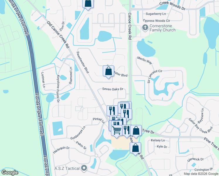 map of restaurants, bars, coffee shops, grocery stores, and more near 2282 Seven Oaks Drive in Saint Cloud