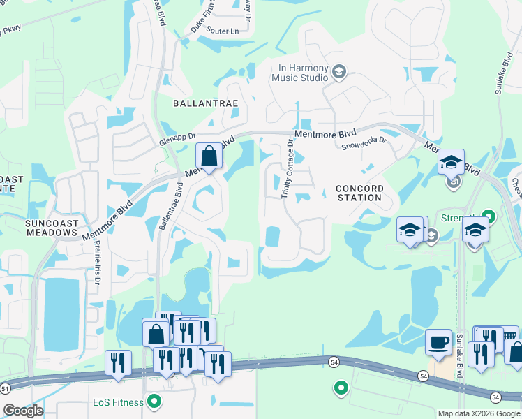 map of restaurants, bars, coffee shops, grocery stores, and more near 3117 Whitley Bay Court in Land O' Lakes