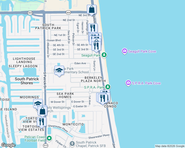 map of restaurants, bars, coffee shops, grocery stores, and more near 102 Christine Circle in Satellite Beach