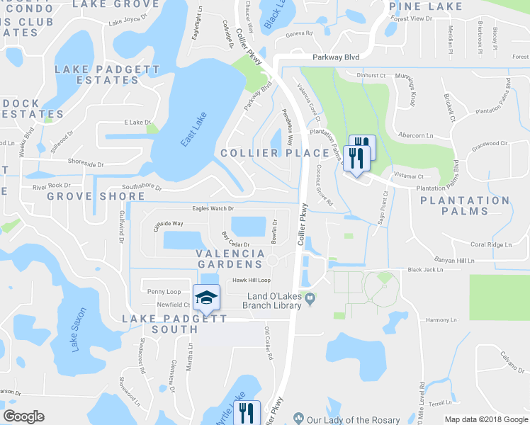 map of restaurants, bars, coffee shops, grocery stores, and more near 22952 Eagles Watch Drive in Land O' Lakes