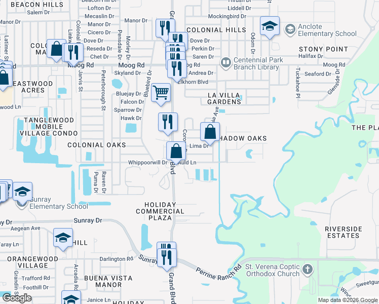 map of restaurants, bars, coffee shops, grocery stores, and more near 5549 Mirada Drive in Holiday