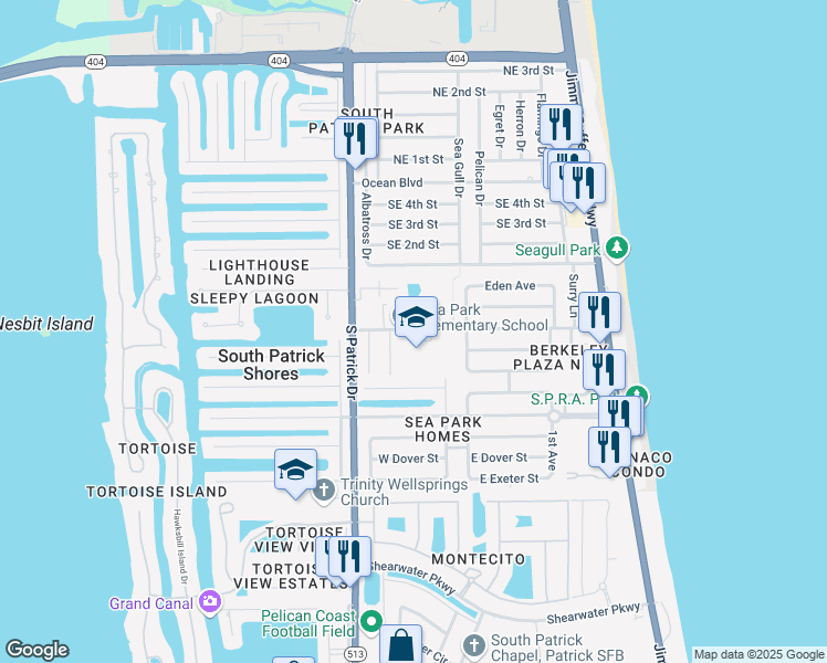map of restaurants, bars, coffee shops, grocery stores, and more near 300 Sea Park Boulevard in Satellite Beach
