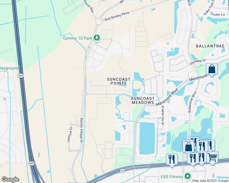 map of restaurants, bars, coffee shops, grocery stores, and more near 17000 Torvest Court in Land O' Lakes