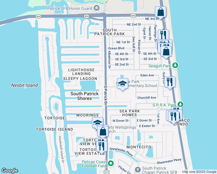 map of restaurants, bars, coffee shops, grocery stores, and more near 300 Sea Park Boulevard in Satellite Beach