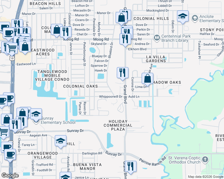 map of restaurants, bars, coffee shops, grocery stores, and more near 3036 Bluebird Drive in Holiday