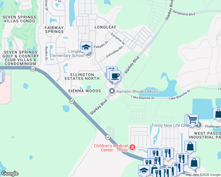 map of restaurants, bars, coffee shops, grocery stores, and more near 3035 Alachua Place in New Port Richey