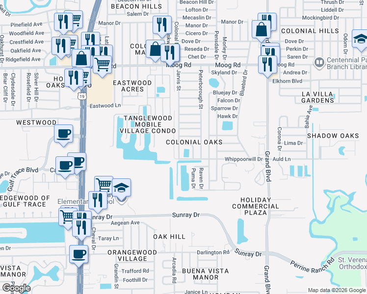 map of restaurants, bars, coffee shops, grocery stores, and more near 3012 Jarvis Street in Holiday