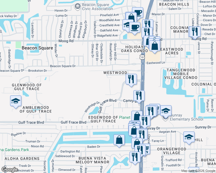 map of restaurants, bars, coffee shops, grocery stores, and more near 3087 Victoria Inlet Drive in Holiday