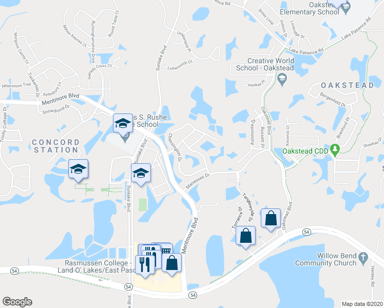 map of restaurants, bars, coffee shops, grocery stores, and more near 3201 Donington Castle Lane in Land O' Lakes