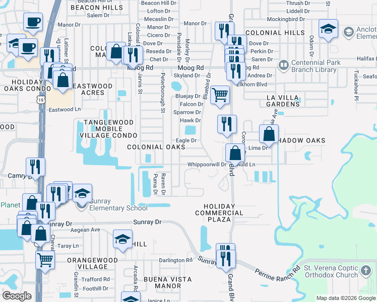 map of restaurants, bars, coffee shops, grocery stores, and more near 5310 Bob White Drive in Holiday