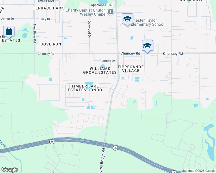 map of restaurants, bars, coffee shops, grocery stores, and more near 34405 Timberland Boulevard in Wesley Chapel