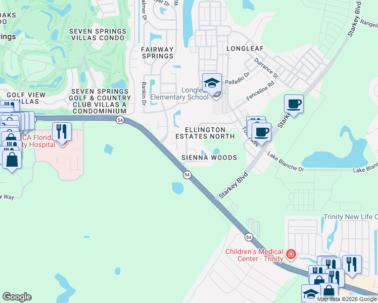 map of restaurants, bars, coffee shops, grocery stores, and more near 3042 Ellington Way in New Port Richey