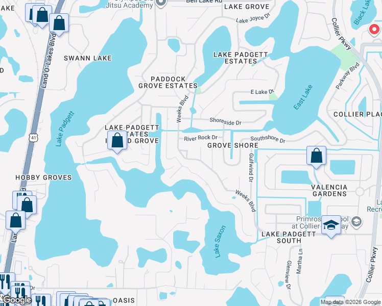 map of restaurants, bars, coffee shops, grocery stores, and more near 22208 Weeks Boulevard in Land O' Lakes