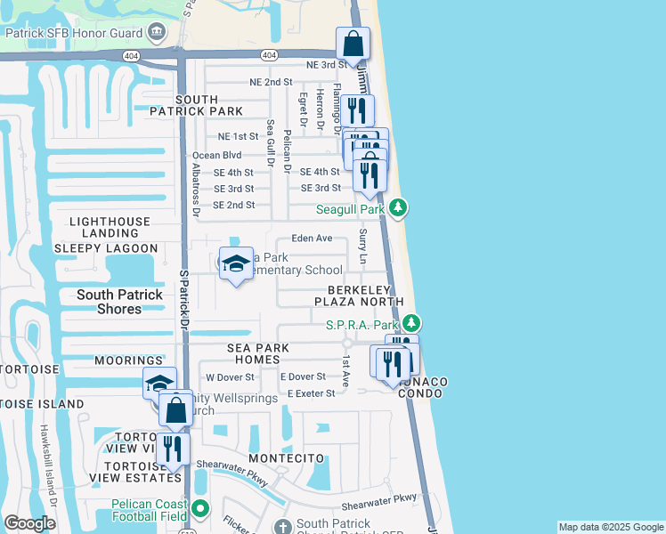 map of restaurants, bars, coffee shops, grocery stores, and more near 123 Clairbourne Avenue in Satellite Beach