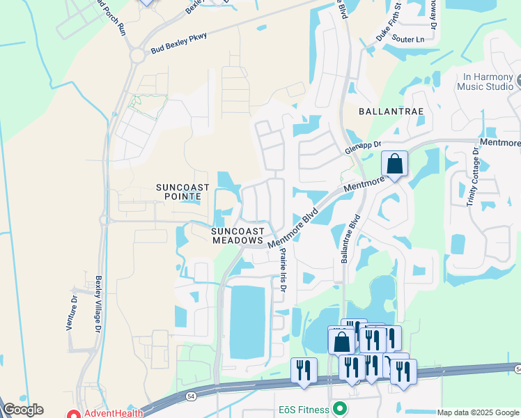 map of restaurants, bars, coffee shops, grocery stores, and more near 3146 Shady Lily Lane in Land O' Lakes