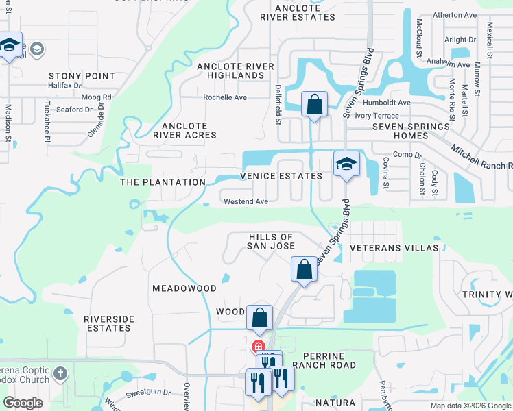 map of restaurants, bars, coffee shops, grocery stores, and more near 3115 Vanceboro Street in New Port Richey