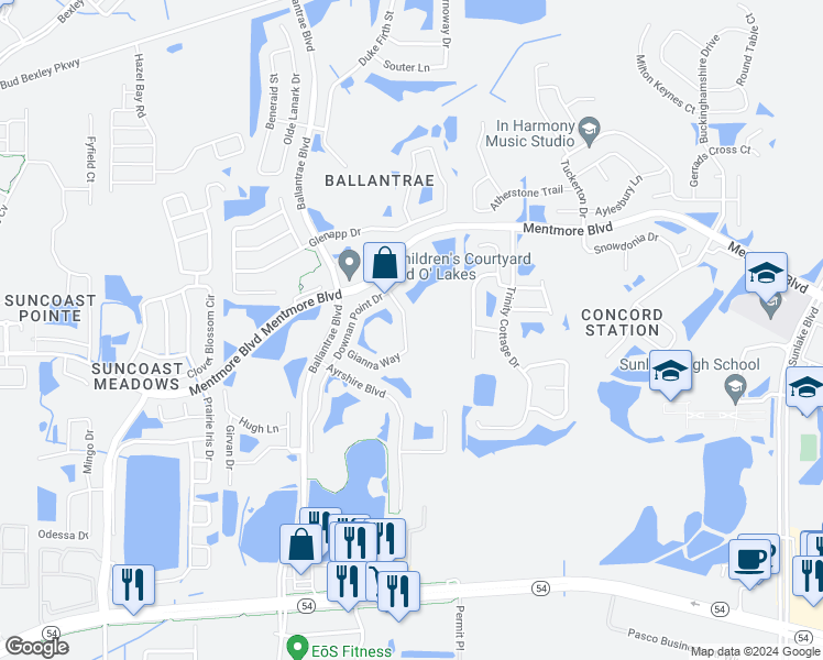 map of restaurants, bars, coffee shops, grocery stores, and more near 3154 Gianna Way in Land O' Lakes
