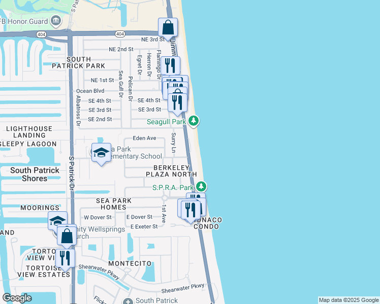 map of restaurants, bars, coffee shops, grocery stores, and more near 295 Florida A1A in Satellite Beach